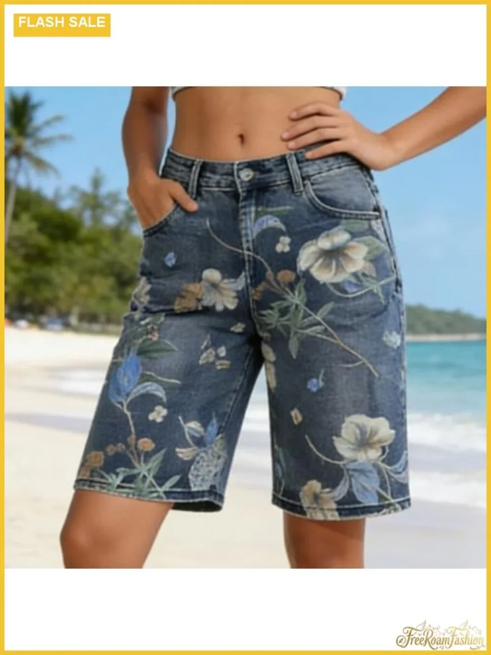 High Waist Floral Embroidered Denim Bermuda Shorts for Women Wide Leg Knee